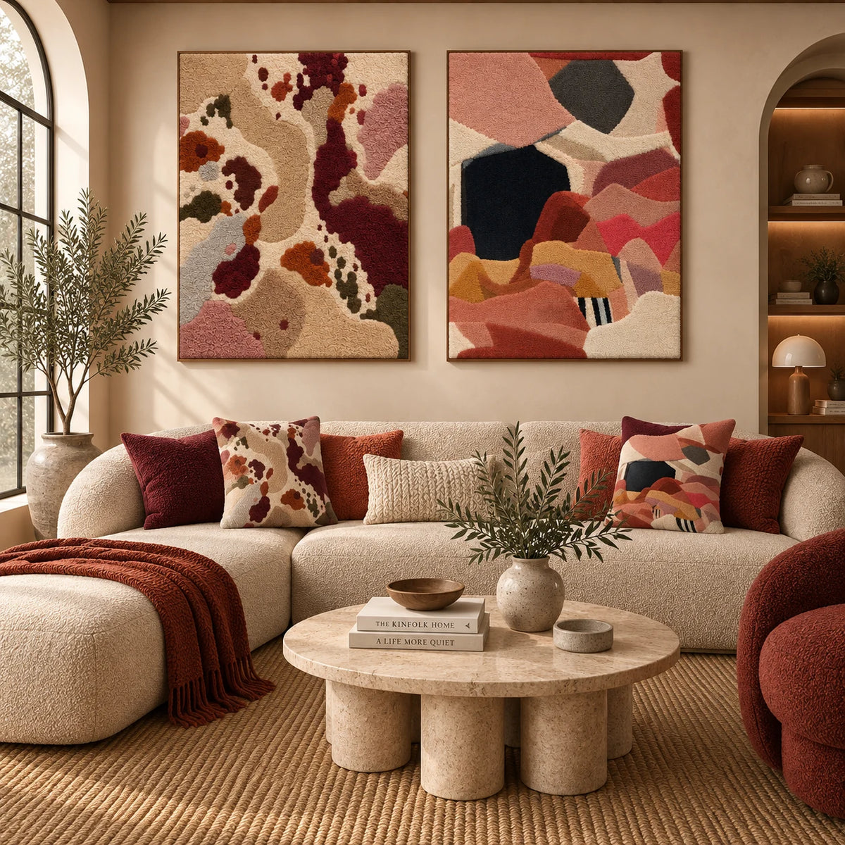 Burgundy Riverbed × Coral Patchwork Interlude paired wool wall art in a styled room — Warm Earth Interlude
