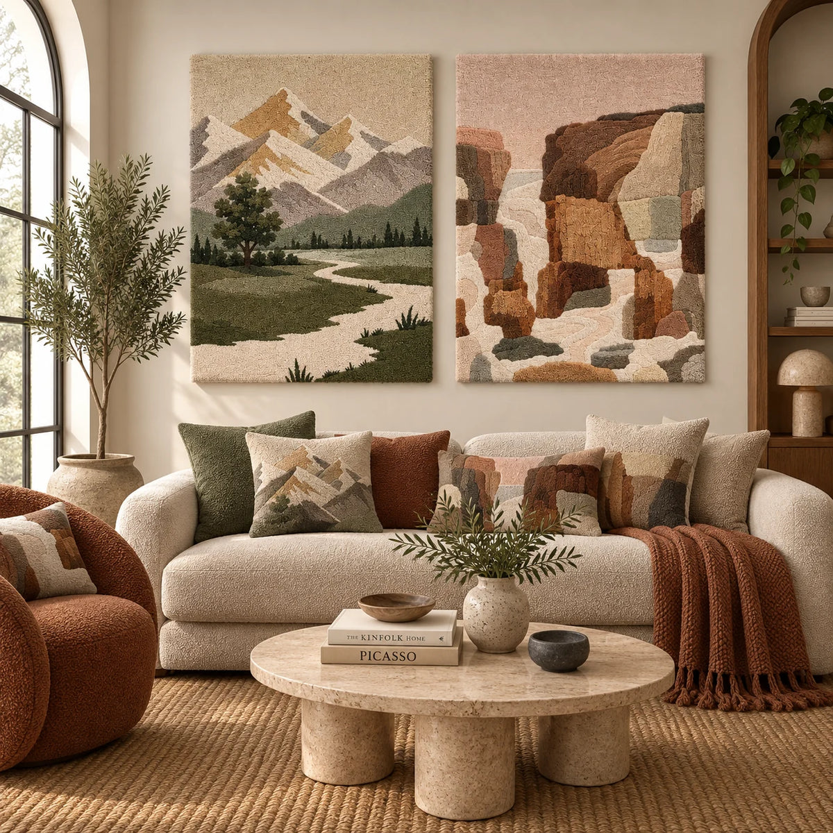Alpine Valley × Sandstone Canyon Stillness paired wool wall art in a styled room — Quiet Stone Valleys