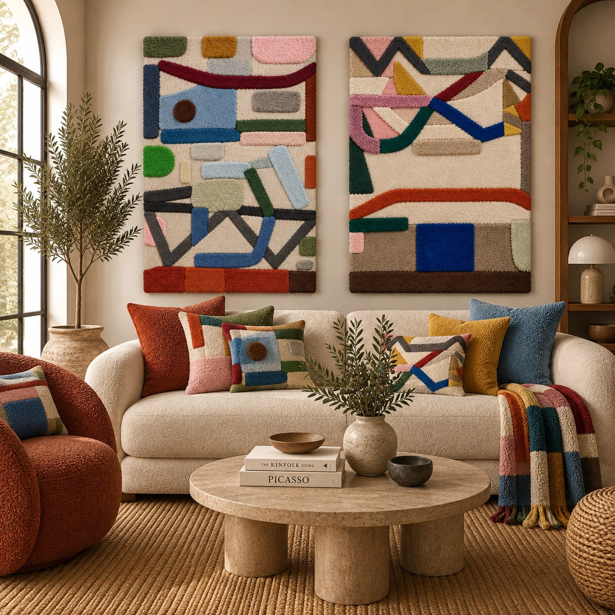Colour in Suspension × Ribbon Counterpoint paired wool wall art in a styled room — Ribbon Dialogue