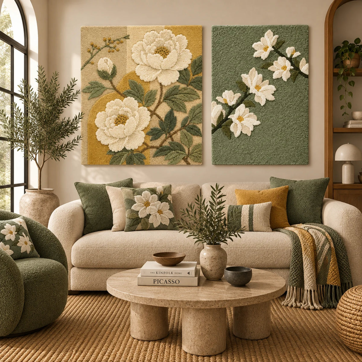 Cream Peonies × Magnolia Branch on Sage paired wool wall art in a styled room — Ivory Branches