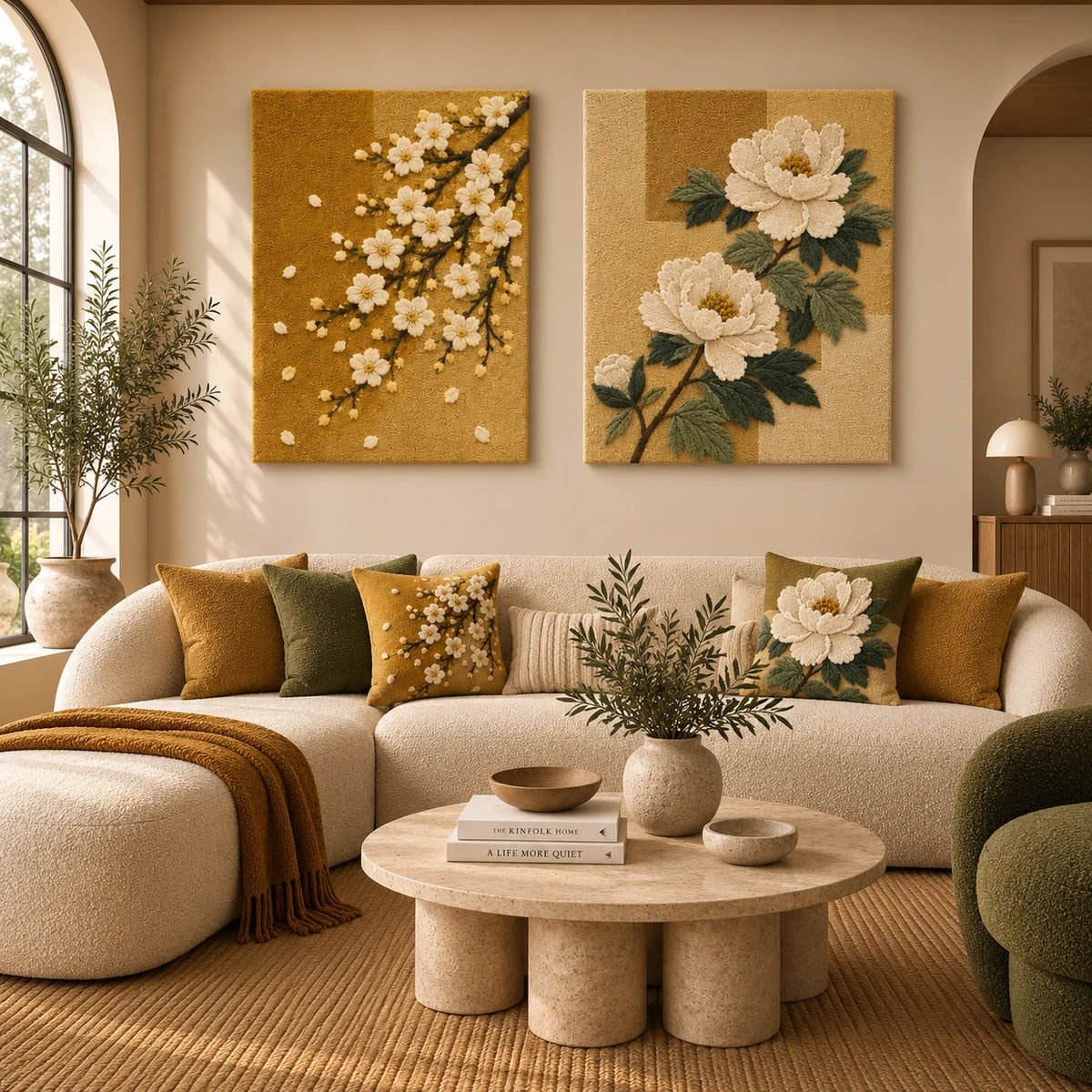 Cherry Blossoms × Cream Peonies paired wool wall art in a styled room — Golden Branches