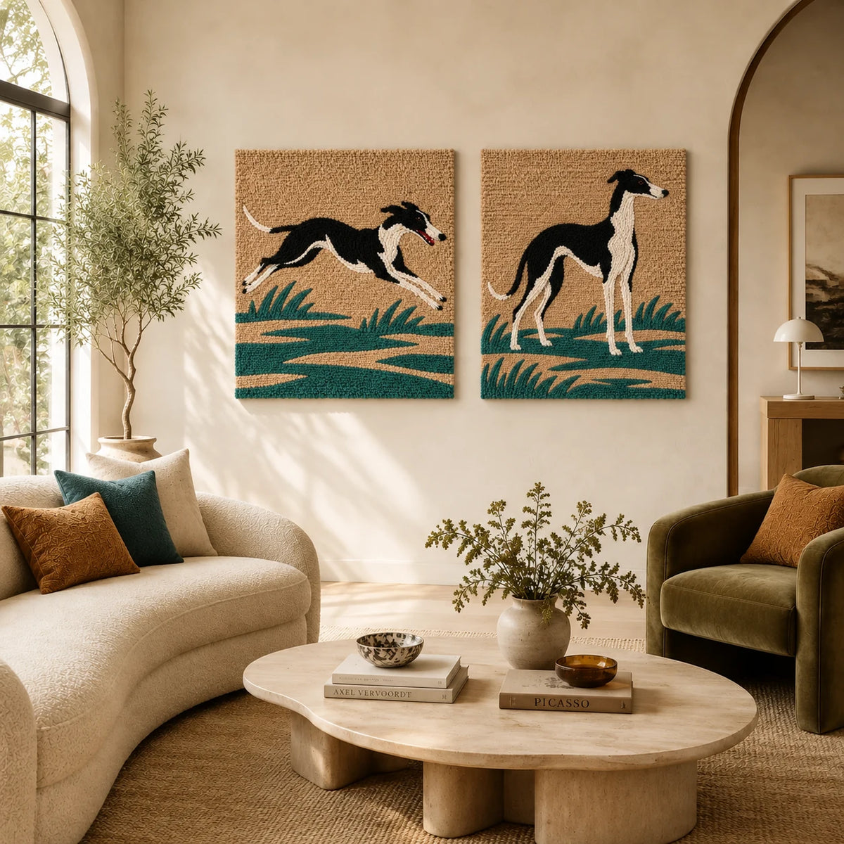 Sighthound Meadow Sprint × Sighthound Meadow Watch paired wool wall art in a styled room — Meadow in Motion