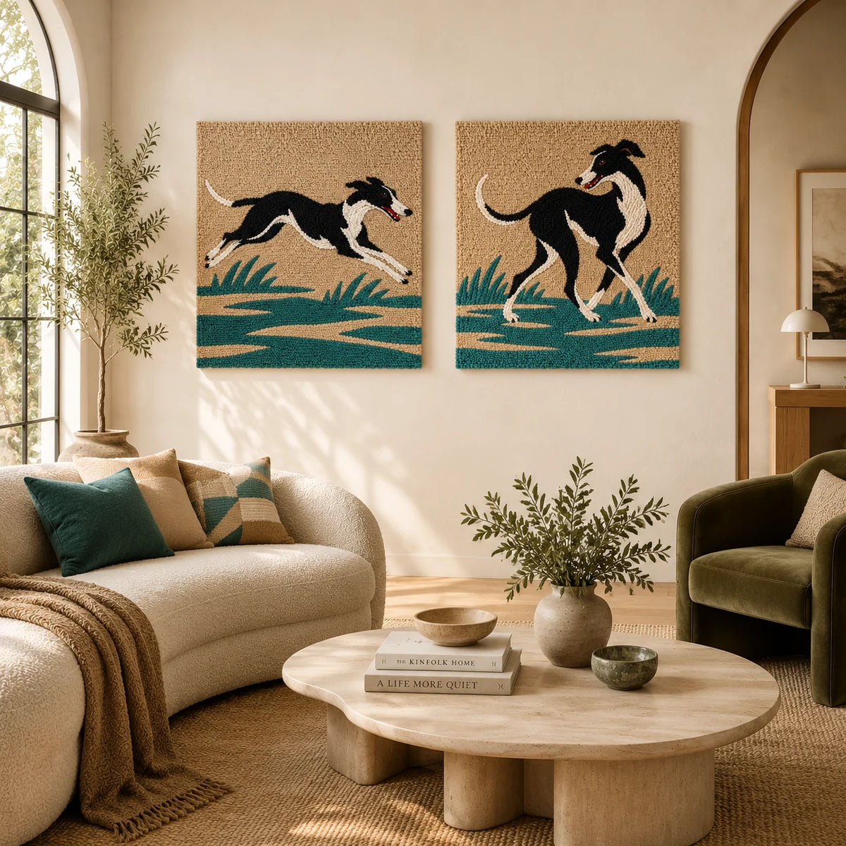 Sighthound Meadow Sprint × Sighthound Meadow Turn paired wool wall art in a styled room — Sighthound Meadow Dance