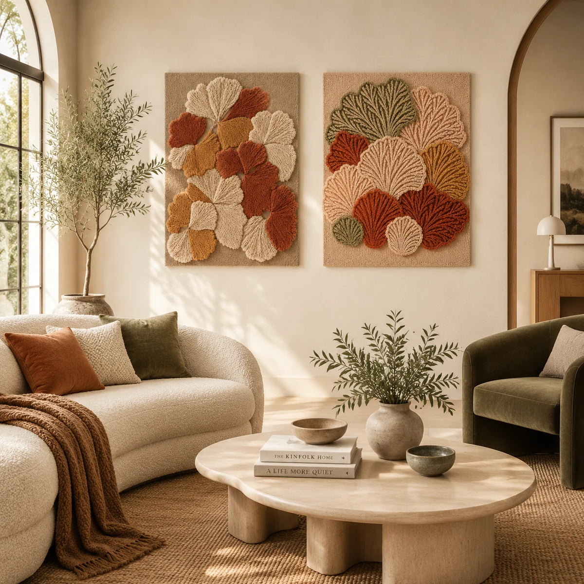 Ginkgo Leaves × Ginkgo Mosaic paired wool wall art in a styled room — Autumn Ginkgo Mosaic