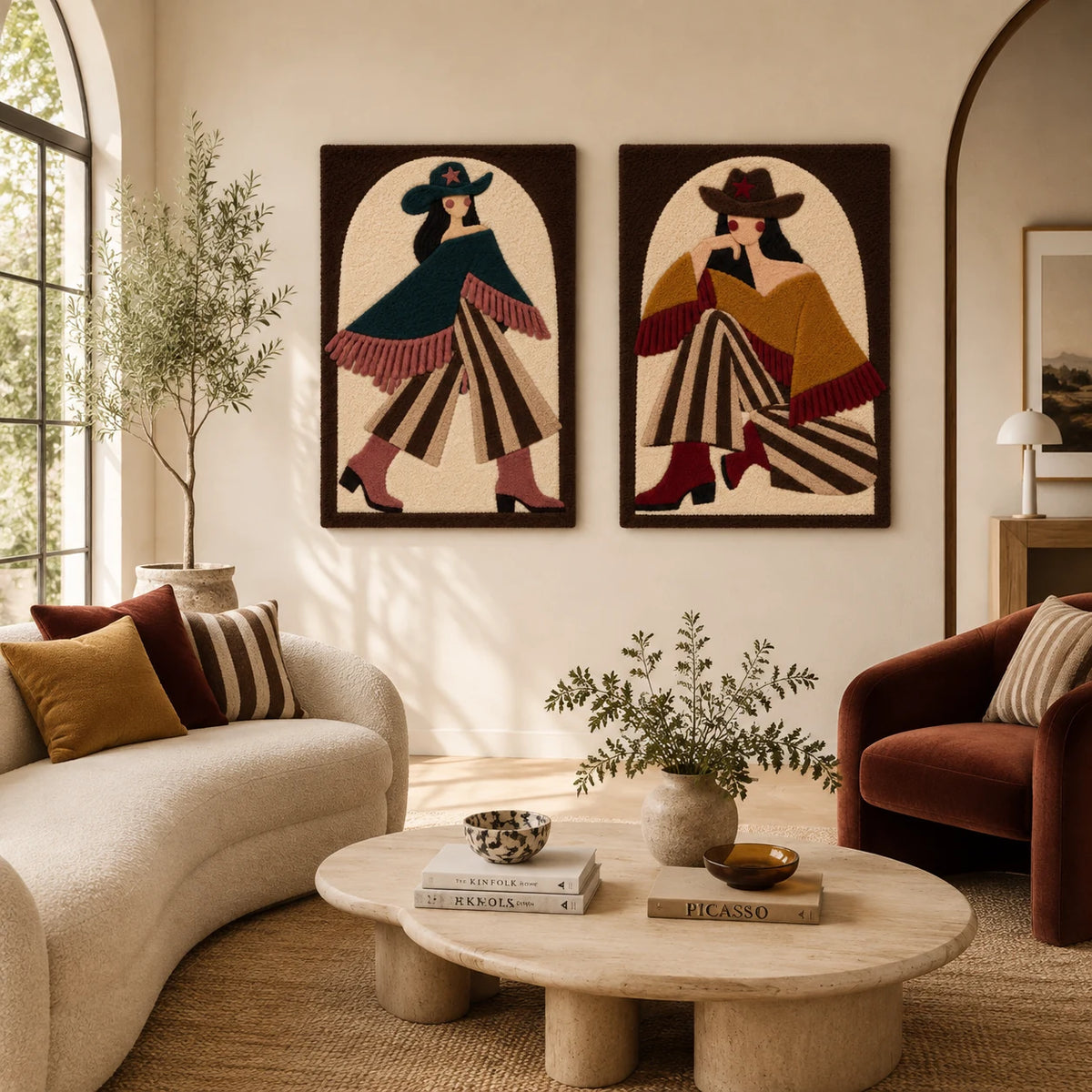 Teal Poncho Promenade × The Ochre Cowgirl paired wool wall art in a styled room — Western Fringe Promenade