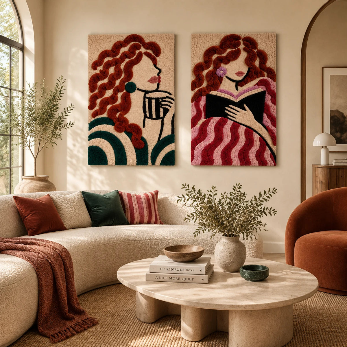 Copper Curls Coffee Pause × Copper Curls Reading Hour paired wool wall art in a styled room — Copper Curl Rituals