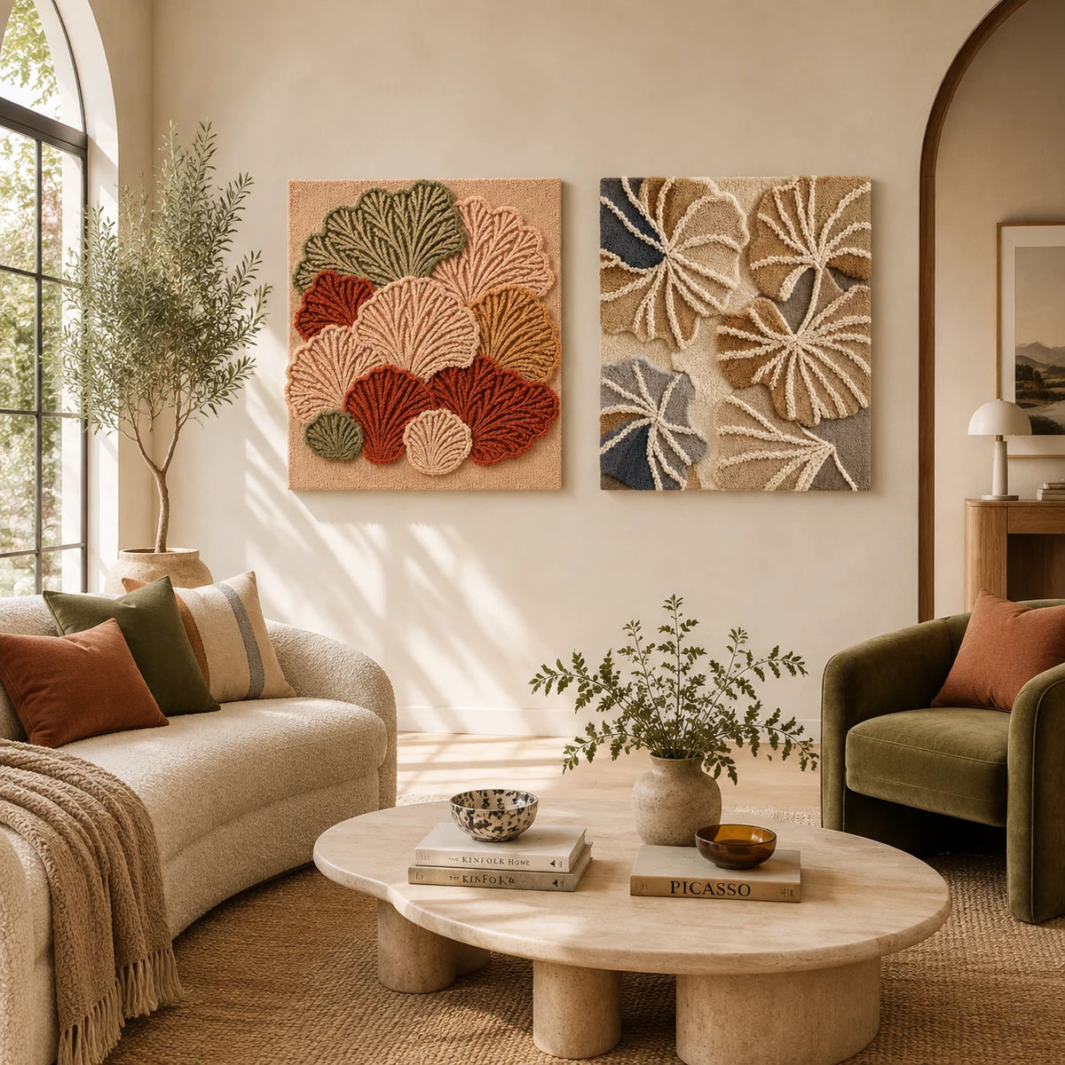 Ginkgo Mosaic × Neutral Ginkgo paired wool wall art in a styled room — Ginkgo in Quiet Earth