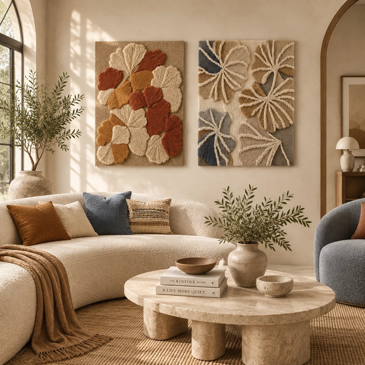 Ginkgo Leaves × Neutral Ginkgo paired wool wall art in a styled room — Soft Ginkgo Layers