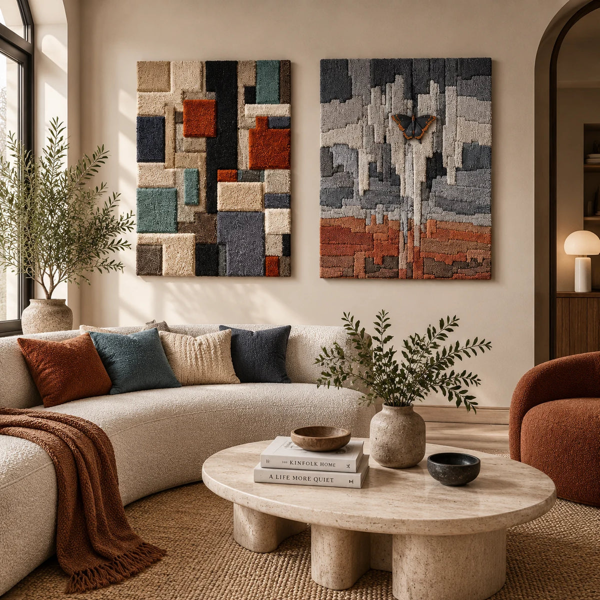 City Blocks × Urban Reflection paired wool wall art in a styled room — City in Woven Earth