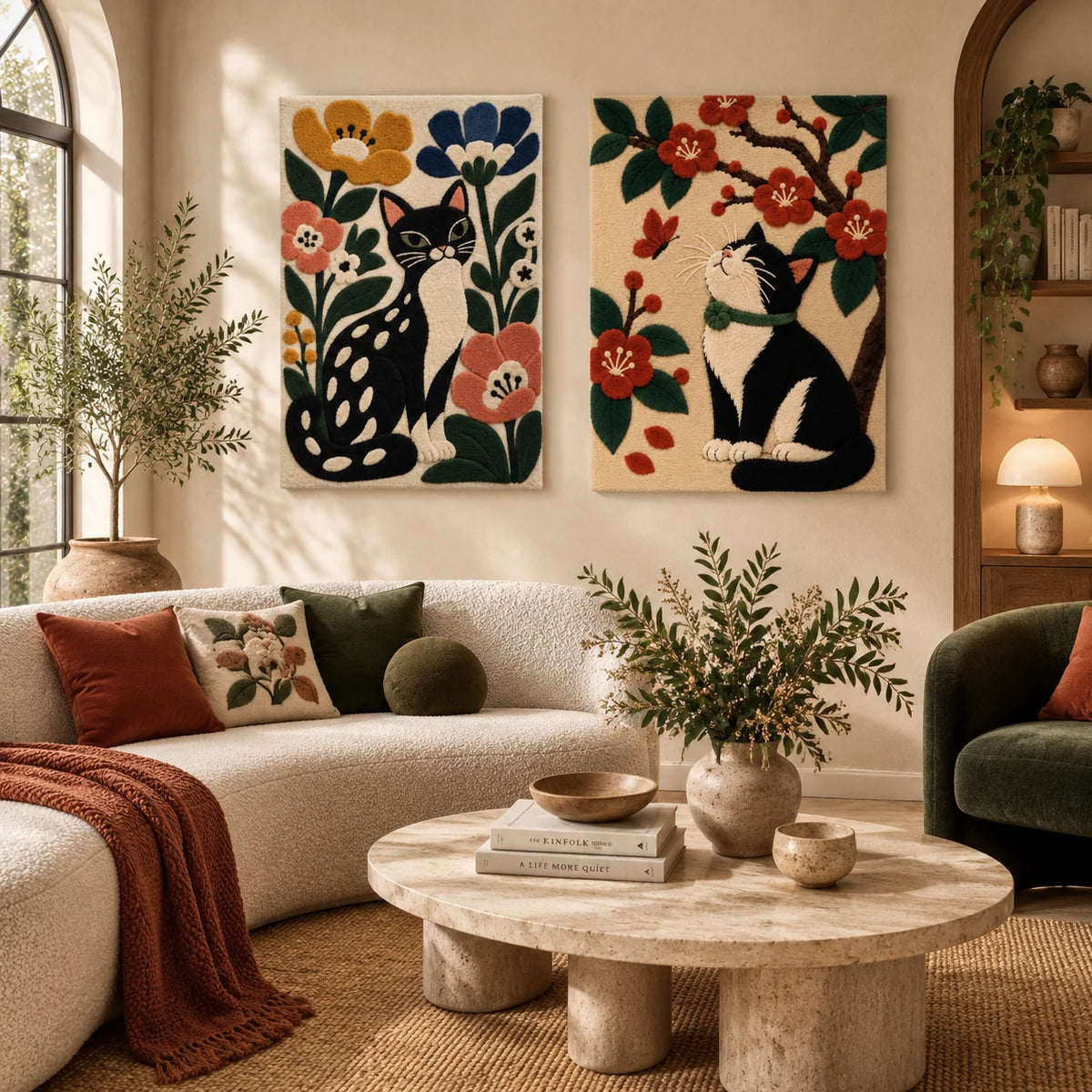 The Cat Among Blossoms × Tuxedo Cat Beneath Red Blossoms paired wool wall art in a styled room — Blossom Garden Cats