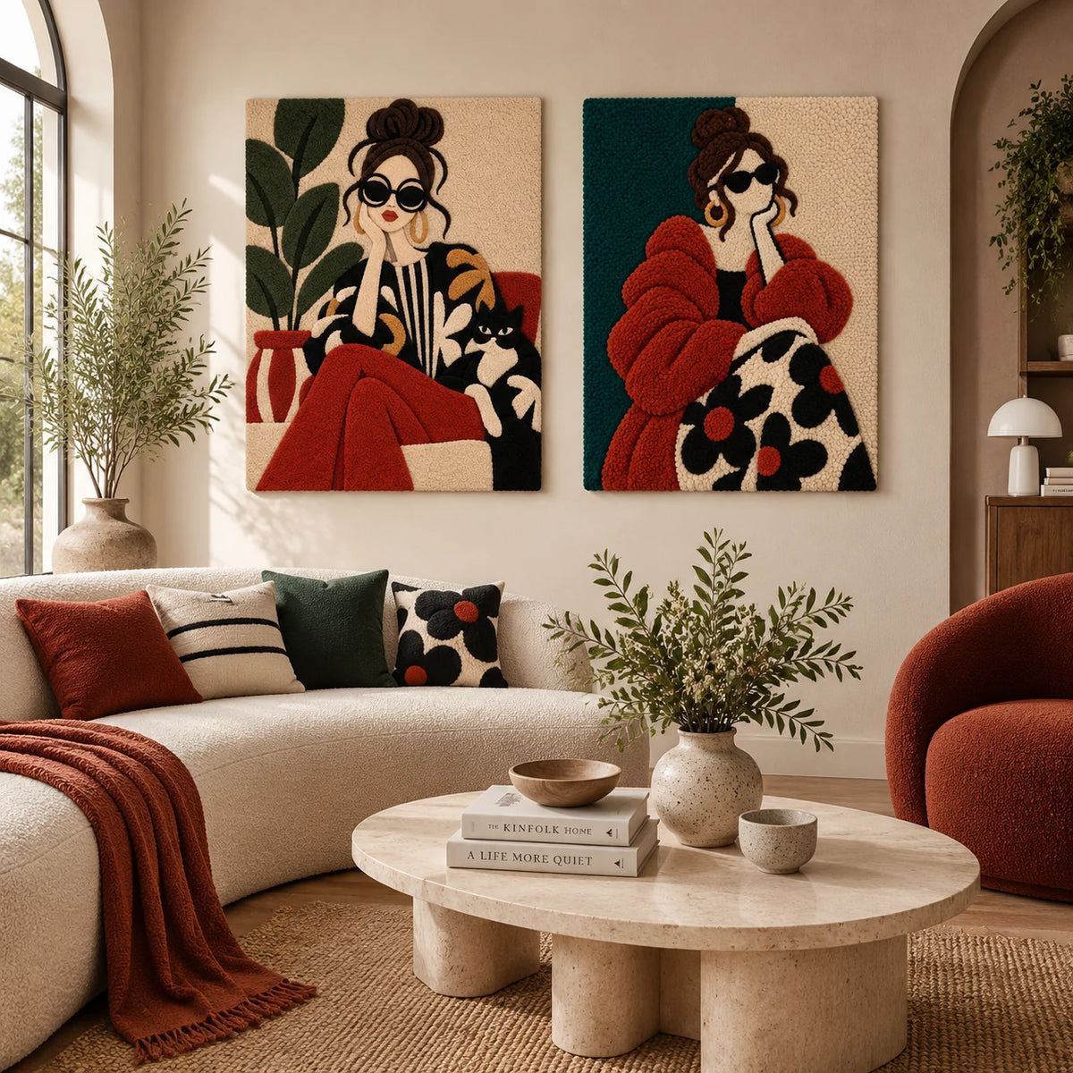 The Cat-Lover's Pause × The Rust Daydream paired wool wall art in a styled room — Rust Lounge Reverie