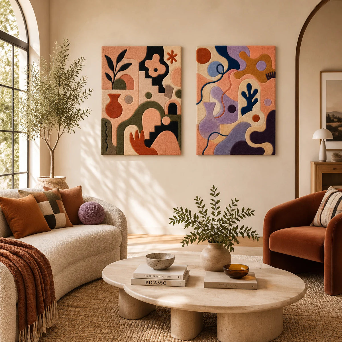 Folk Garden × Lavender Grove paired wool wall art in a styled room — Peach Garden Shapes