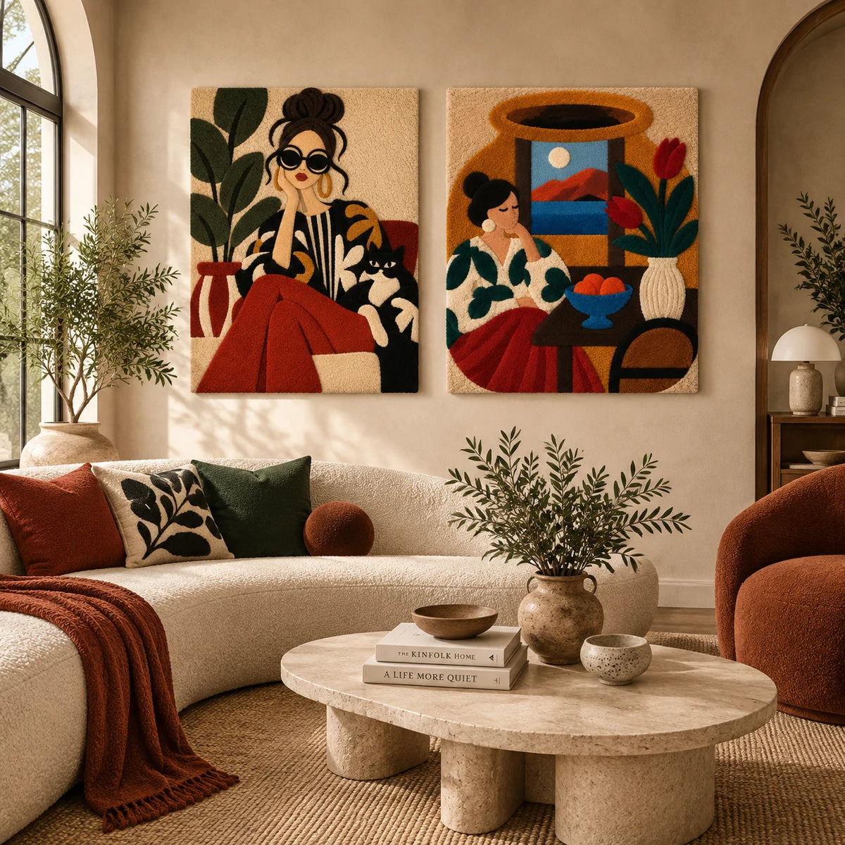 The Cat-Lover's Pause × The Quiet Tulip Hour paired wool wall art in a styled room — Quiet Garden Afternoons