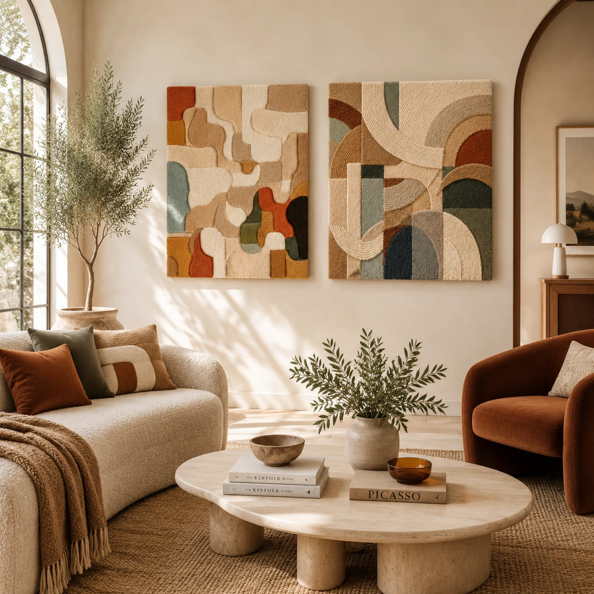 Puzzle Organic Abstract × Quiet Arches paired wool wall art in a styled room — Soft Earth Rhythms