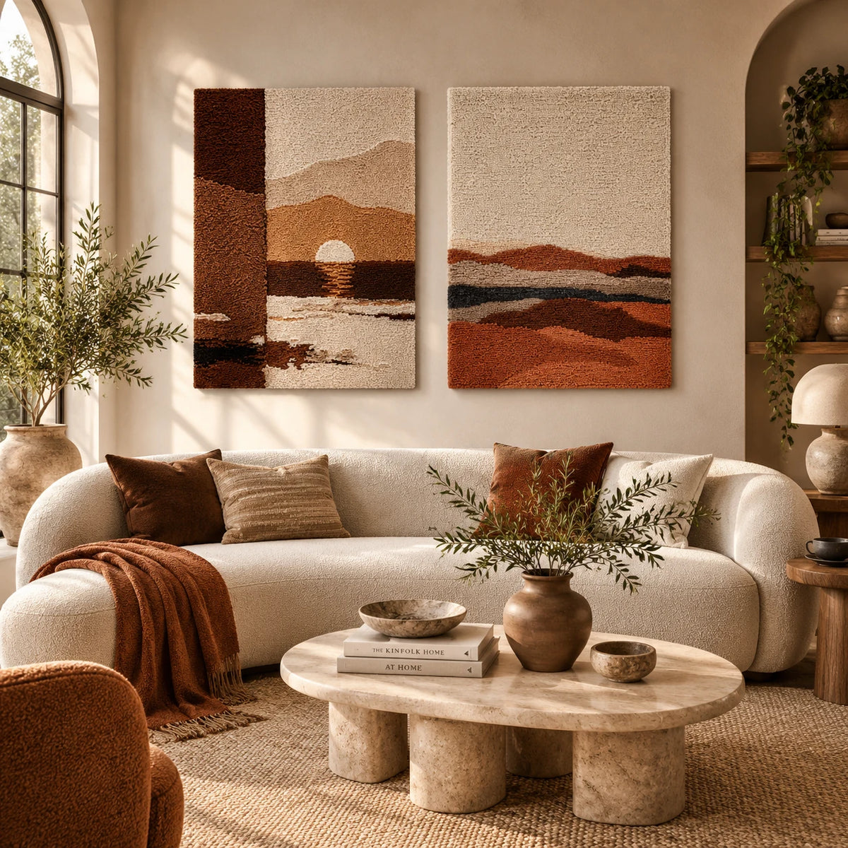 Minimal Sunset × Quiet Terracotta Horizon paired wool wall art in a styled room — Quiet Horizon Echoes