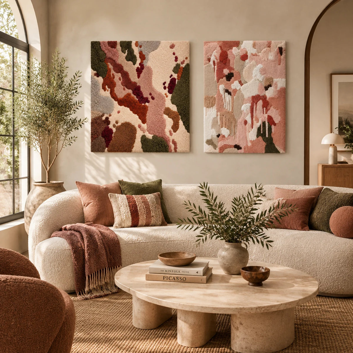 Clay River Traces × Rosewater Color Cascade paired wool wall art in a styled room — Rosewater Traces