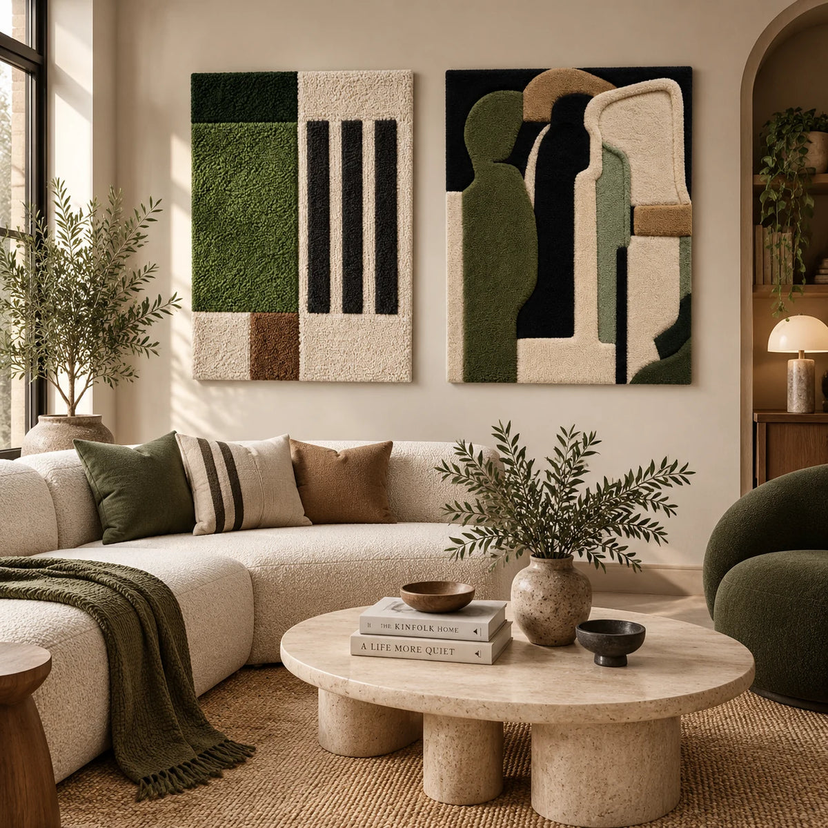 Olive Vertical Pause × Quiet Olive Monoliths paired wool wall art in a styled room — Olive Quiet Forms