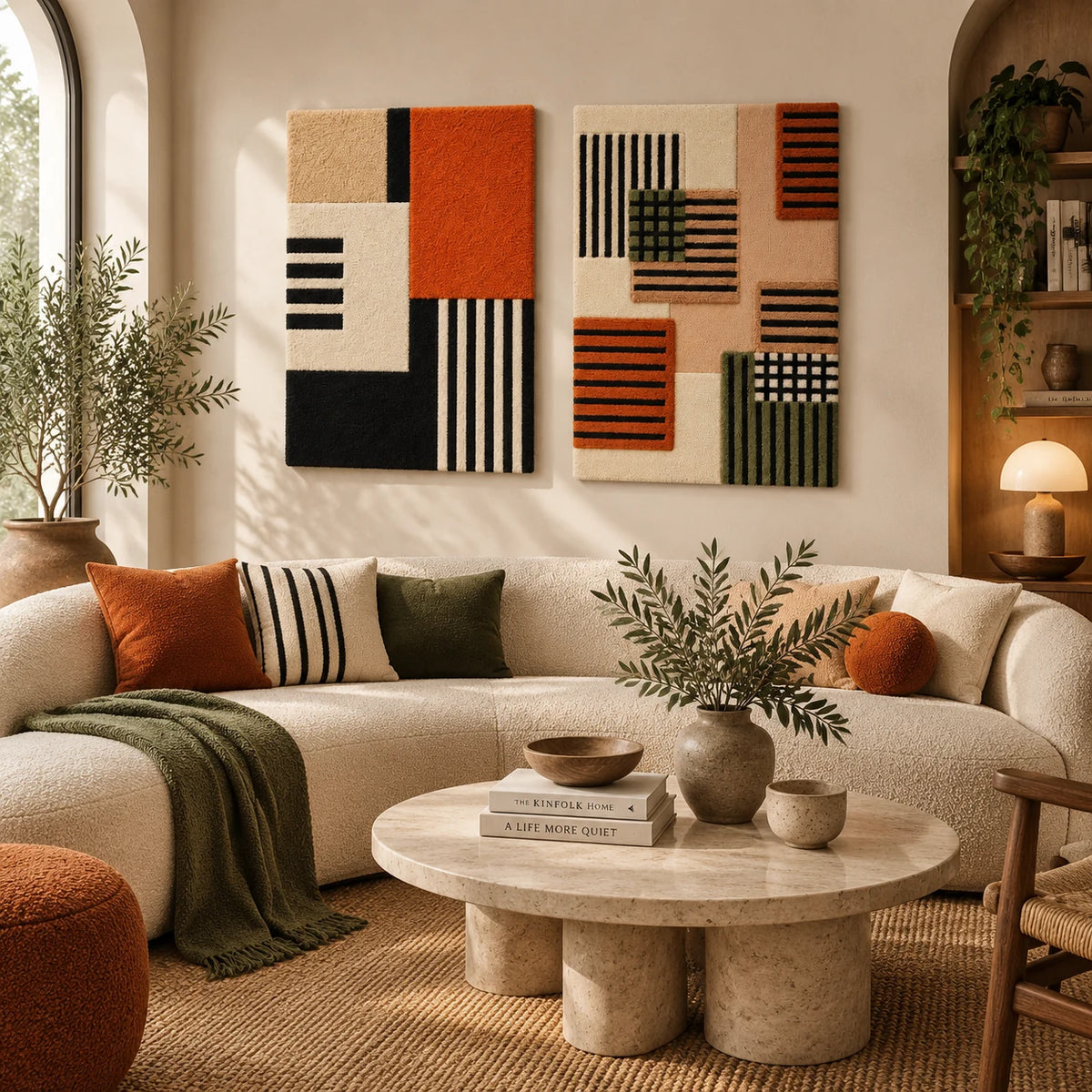 Rust Stripe Blueprint × Woven Grid Quartet paired wool wall art in a styled room — Rust Woven Signals