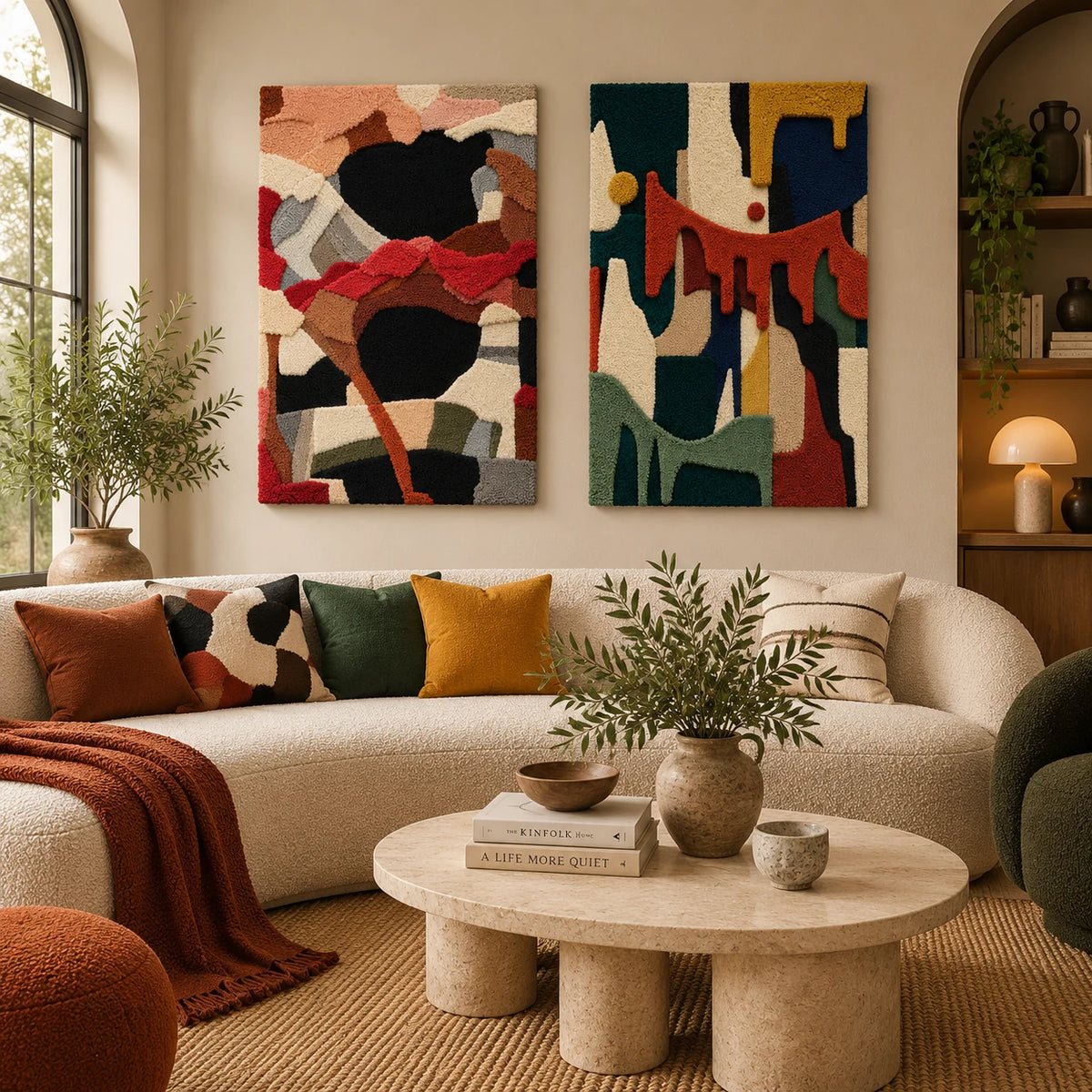 Charcoal and Coral Cadence × Terracotta Dripping Rhythm paired wool wall art in a styled room — Terracotta Dark Currents