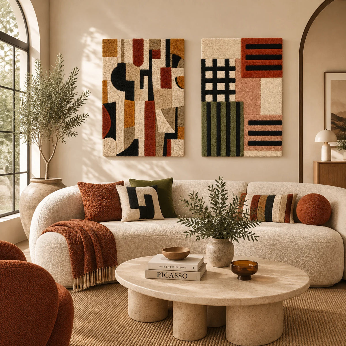 Modernist Grid × Olive Grid Balance paired wool wall art in a styled room — Earth Geometric Cadence