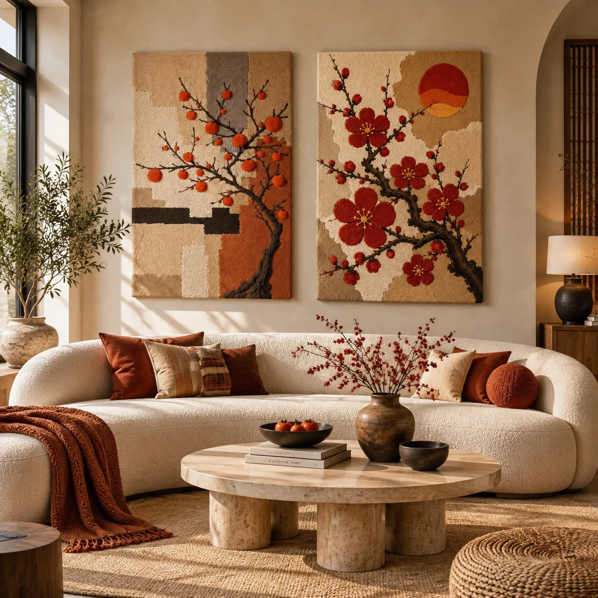 Autumn Orchard × Persimmon Branch paired wool wall art in a styled room — Autumn Branch Dialogues