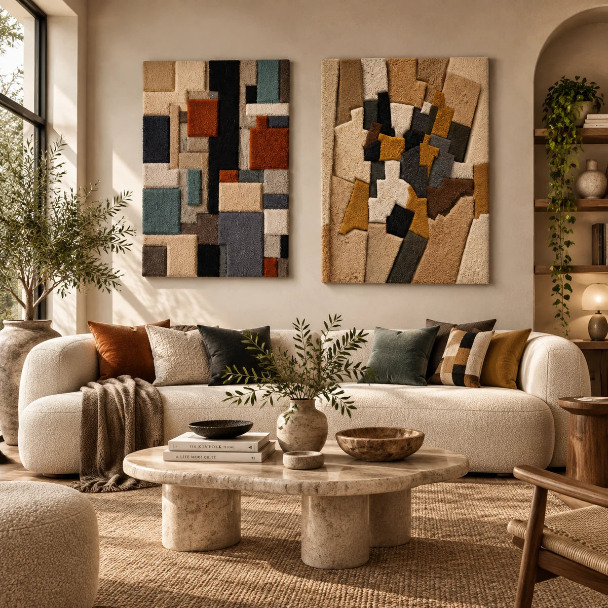 City Blocks × Patchwork Tower paired wool wall art in a styled room — Earth Block Passage