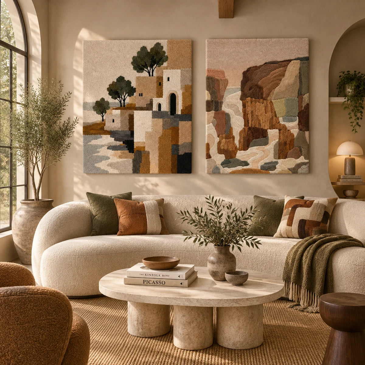 Mediterranean Village × Sandstone Canyon Stillness paired wool wall art in a styled room — Sunlit Earth Passage