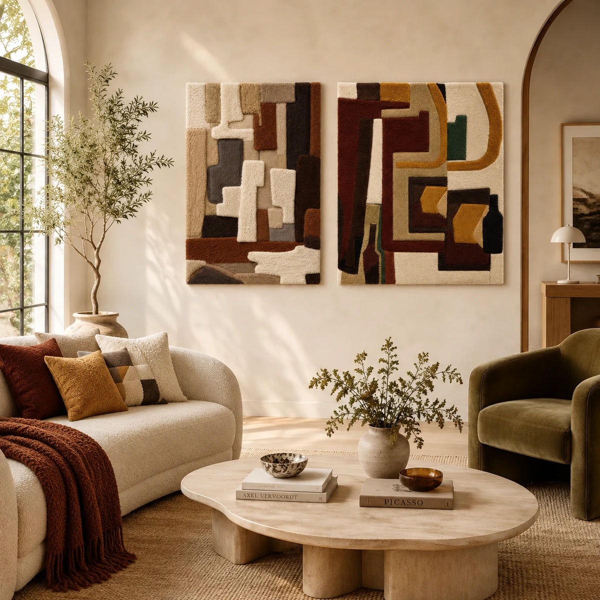 Layered Field × Walnut Labyrinth paired wool wall art in a styled room — Walnut Quiet Forms