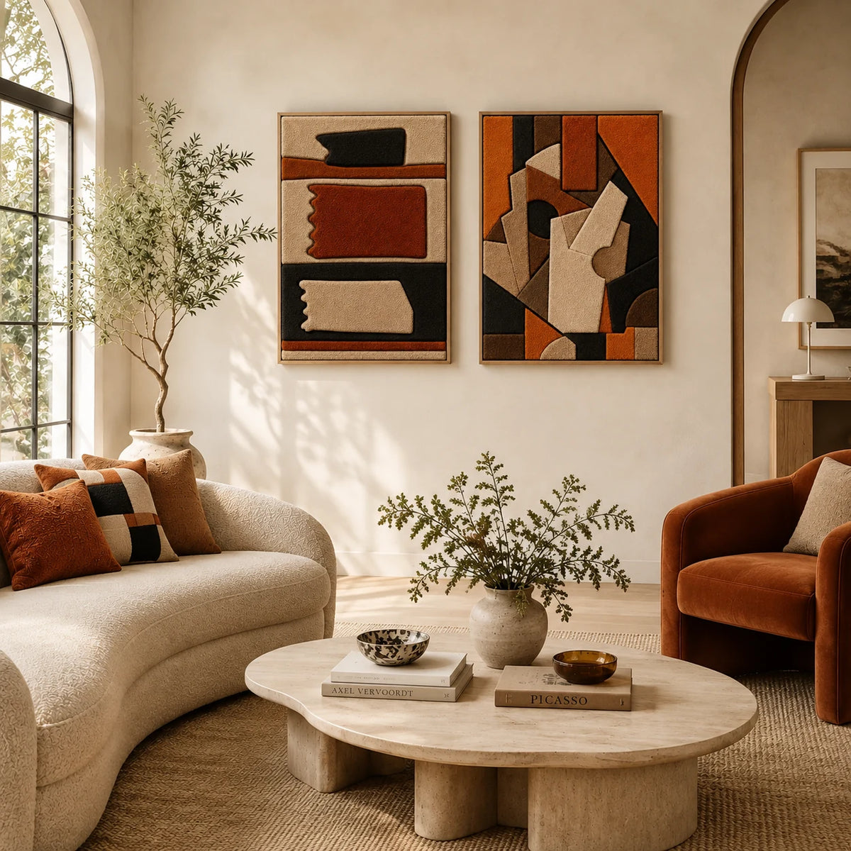 Stacked Modernist Abstract × Terracotta Totems paired wool wall art in a styled room — Terracotta Shape Dialogues