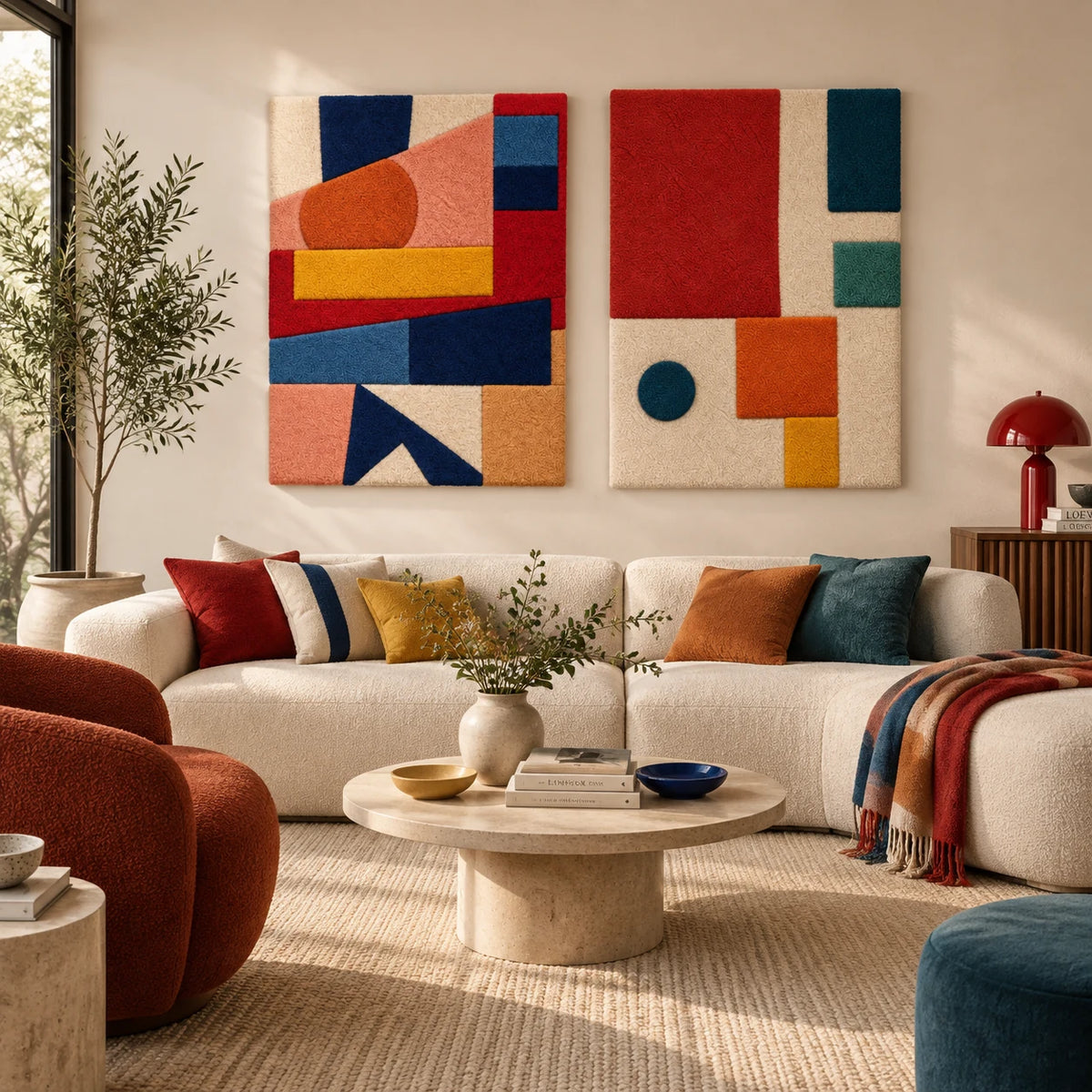 Coral Construct × Vermilion Blocks and Blue Dot paired wool wall art in a styled room — Warm Color Constructions