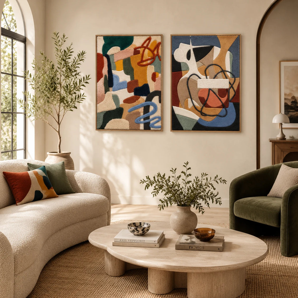 Playful Ochre Scribbles × The Cubist Carafe paired wool wall art in a styled room — Wandering Vessels
