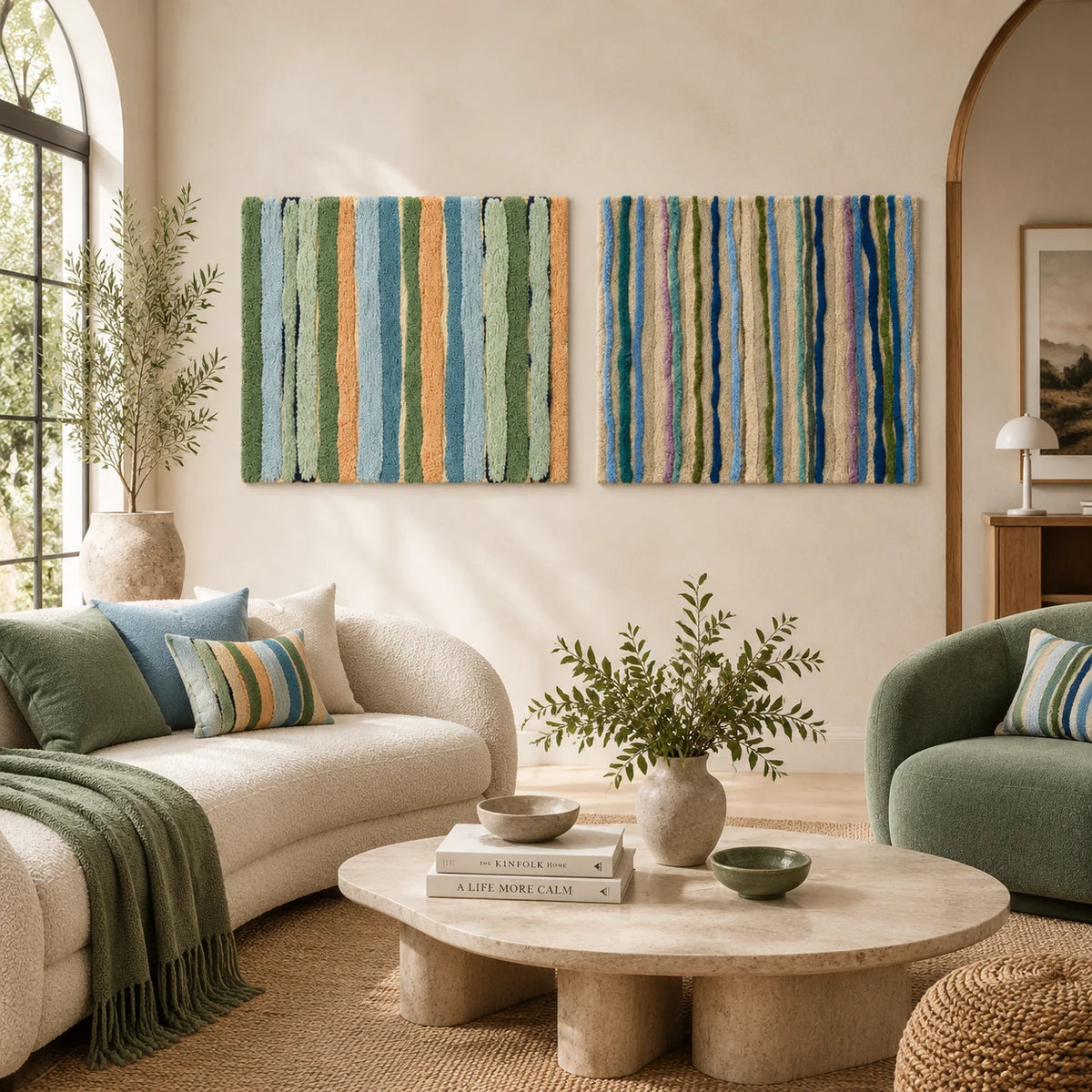 Meadowstripe Reverie × Sea Glass Pinstripes paired wool wall art in a styled room — Sea Glass Rhythm