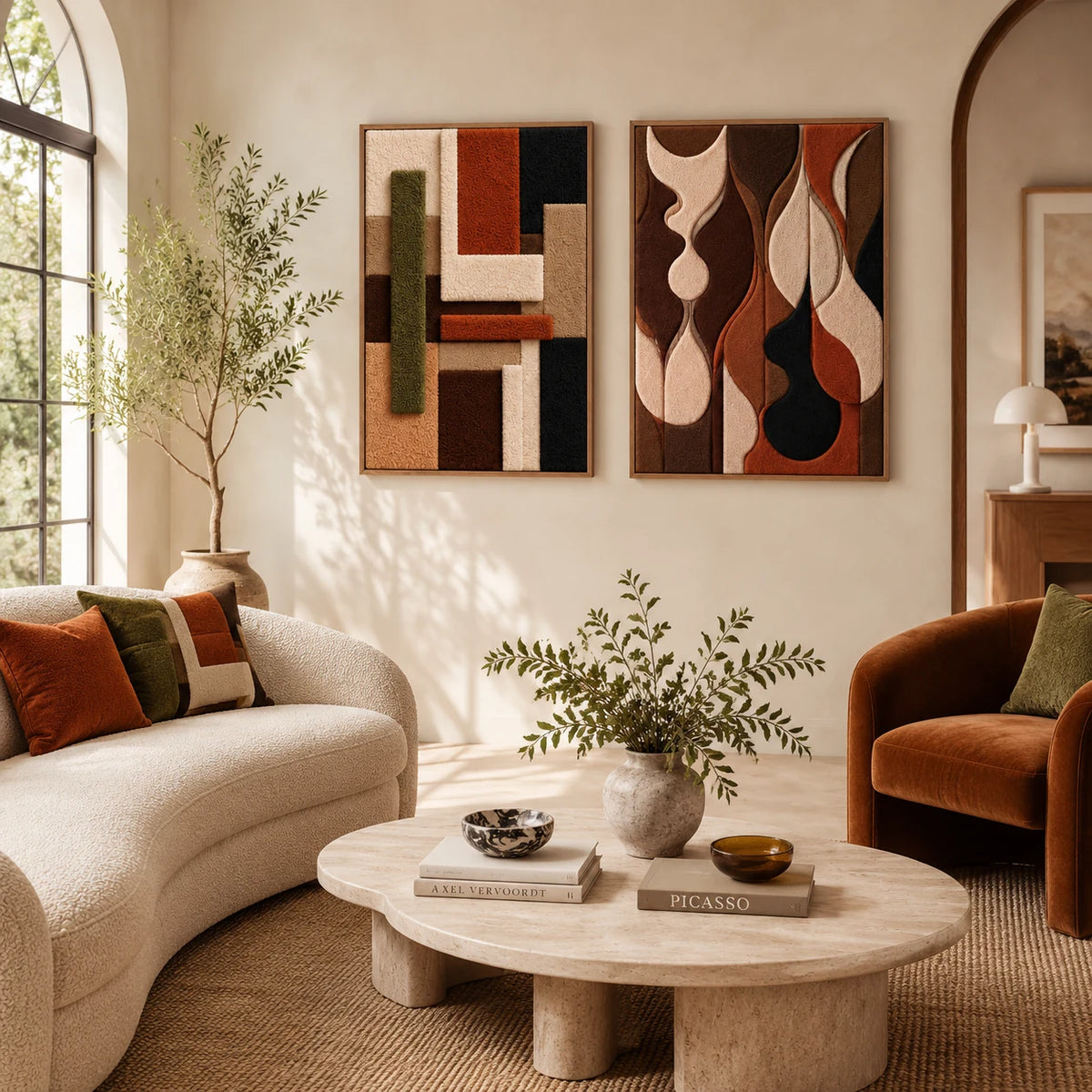 Earthbound Interlock × Earthy Organic Abstract paired wool wall art in a styled room — Earthbound Forms