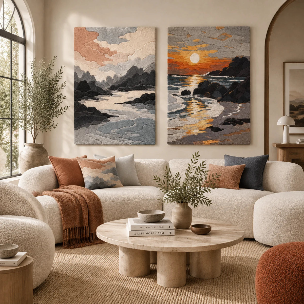 Coral Dusk Peaks × Golden Tide paired wool wall art in a styled room — Coastal Afterglow
