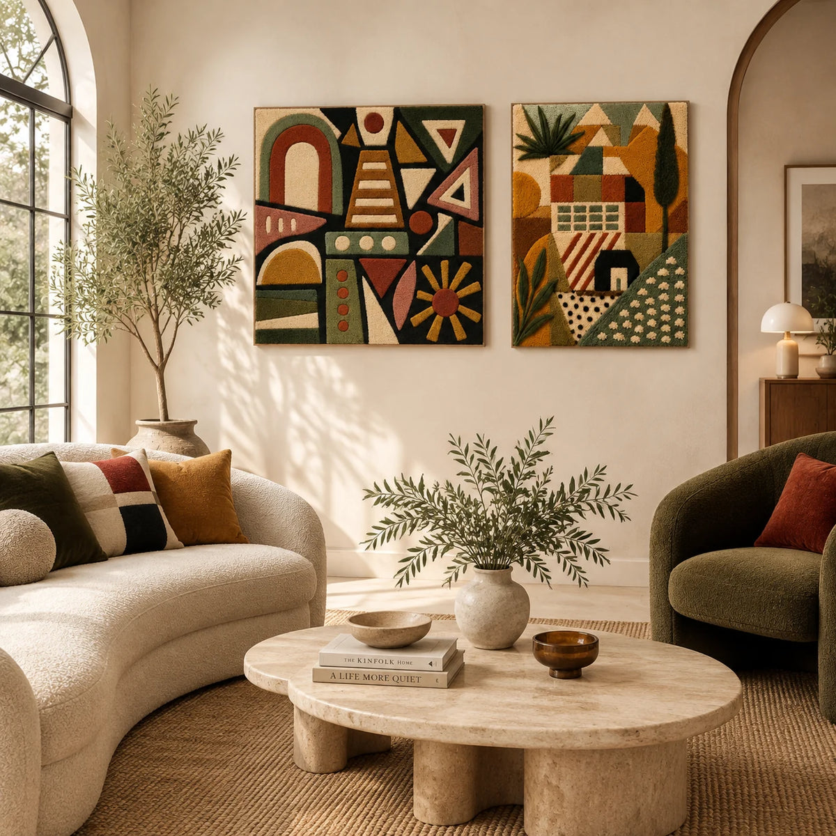 Mesa Signal Totem × Tuscan Village paired wool wall art in a styled room — Desert Signals