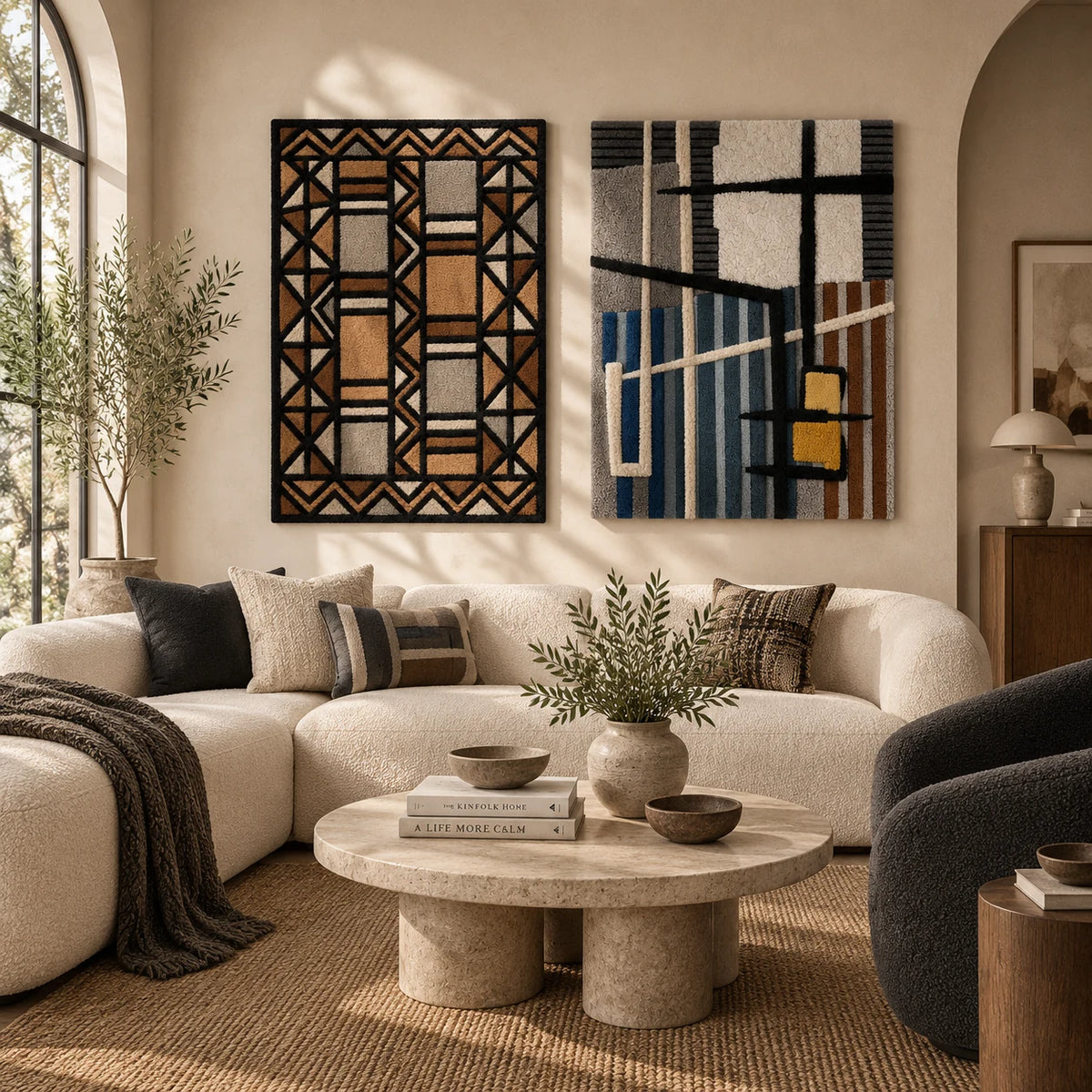Copper Lattice Path × Ochre Squares in a Blue Line Grid paired wool wall art in a styled room — Ochre Grid Pathways