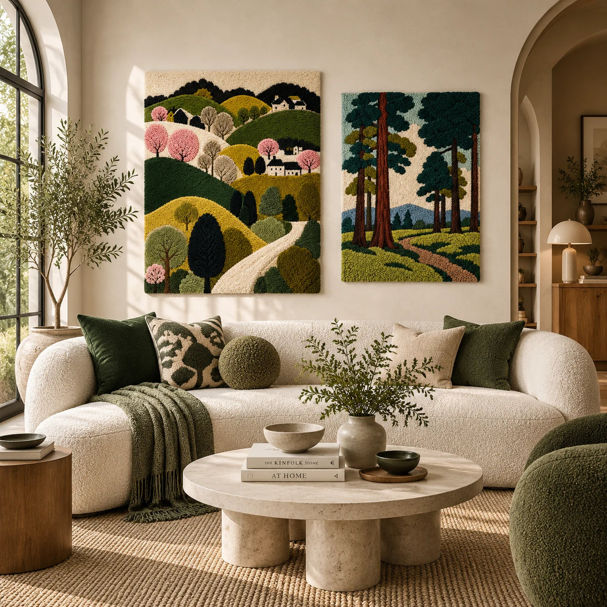 Cinder Jardin × Pinewood Passage paired wool wall art in a styled room — Woodland Paths