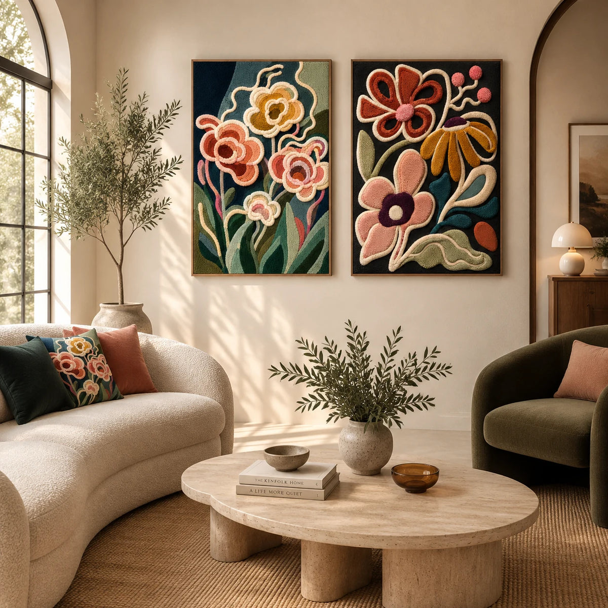 Butterfly Grid Ivory × Garden Tangle paired wool wall art in a styled room — Petal Lines