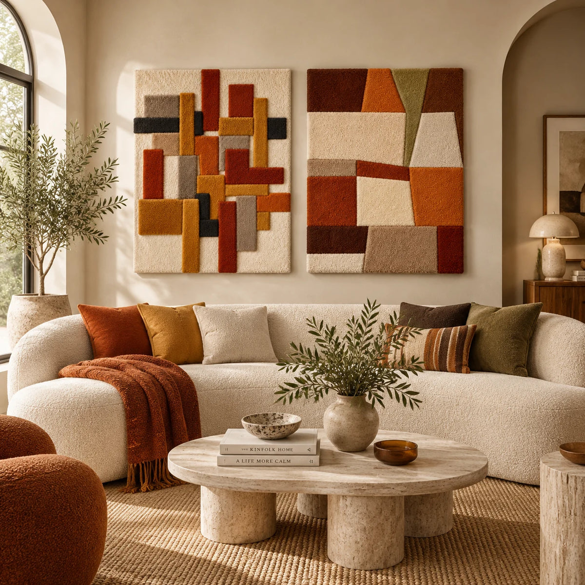 Autumn Bars in Vertical Counterpoint × Earthen Patchwork Angles paired wool wall art in a styled room — Earthen Architectural Rhythm