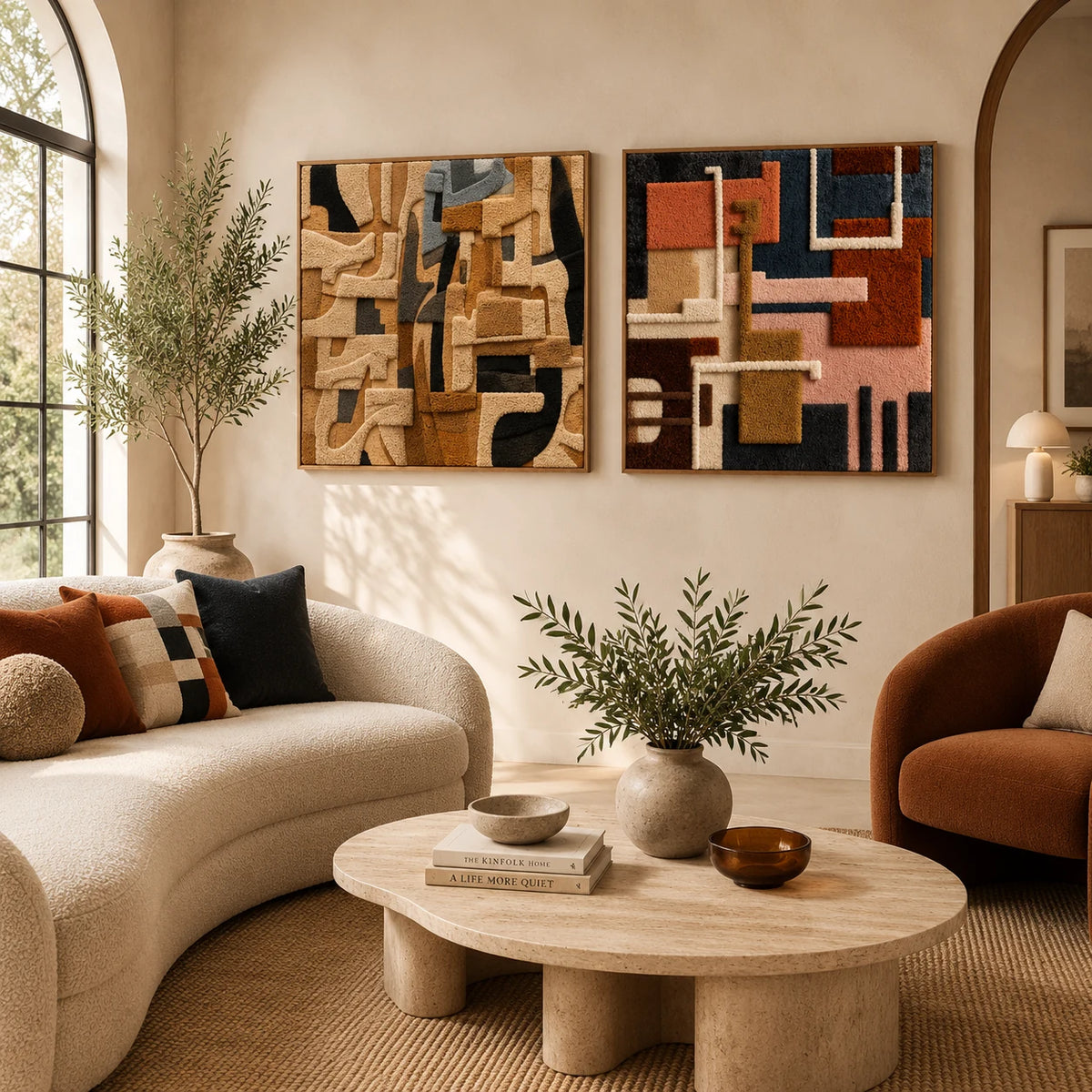 Ivory Puzzle × Terracotta Circuit Blocks paired wool wall art in a styled room — Earthen Circuit