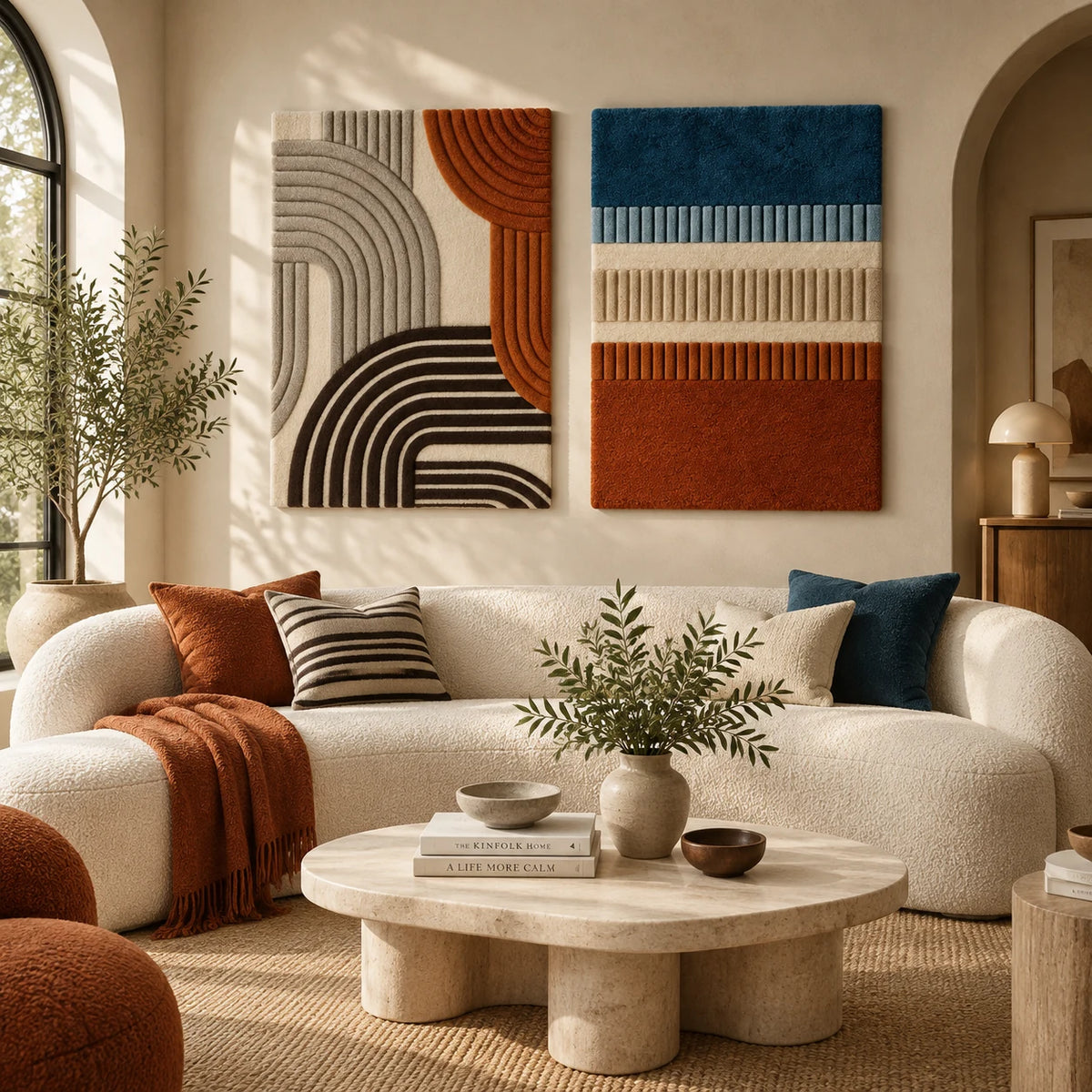 Terracotta and Cocoa Ribbed Arches × Tidal Ember Rib Bands paired wool wall art in a styled room — Ember Ribs