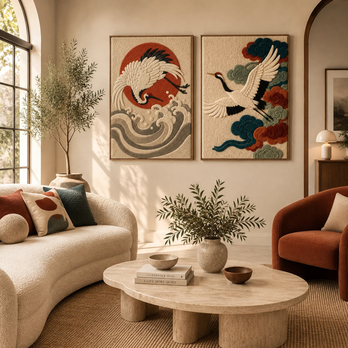 Crane over Vermilion Waves × Crane in Bloom paired wool wall art in a styled room — Crane Currents