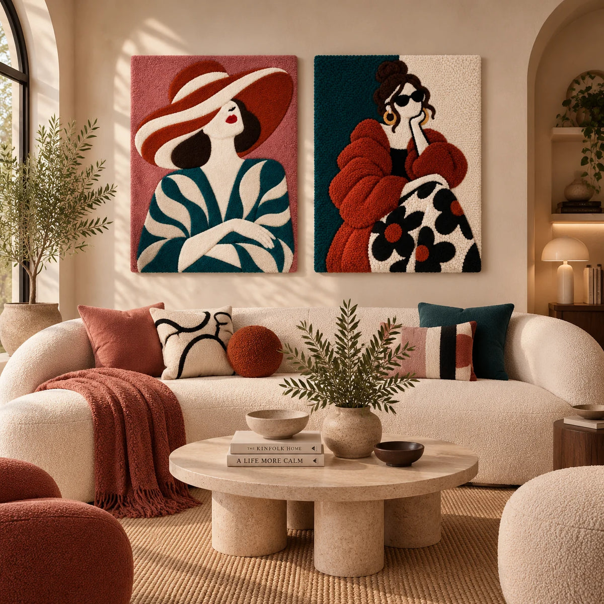 Coral Brim Teal Breeze × The Rust Daydream paired wool wall art in a styled room — Coral Teal Poise