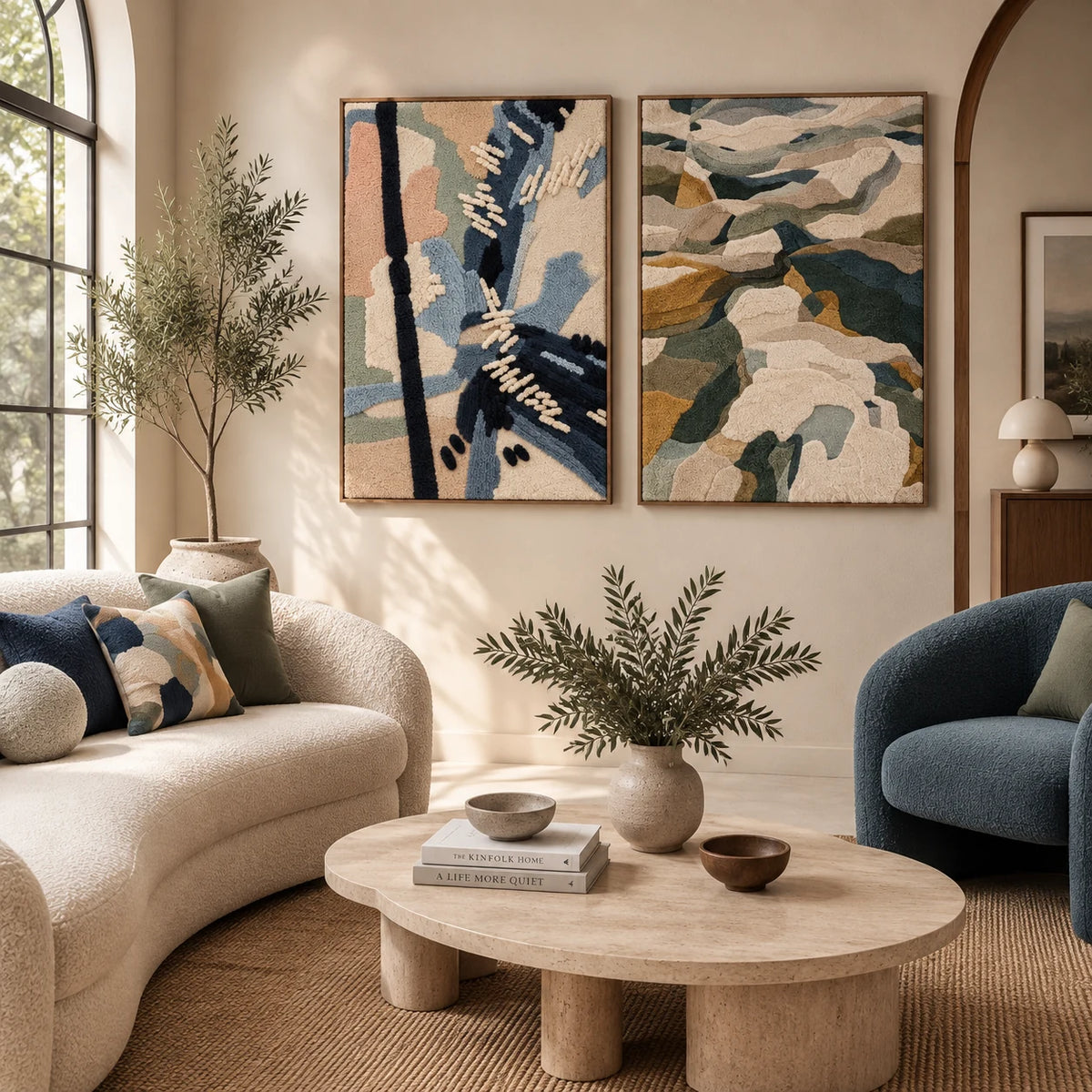 Slate Gesture Study × Glacial Stone Passage paired wool wall art in a styled room — Pale Water Gestures
