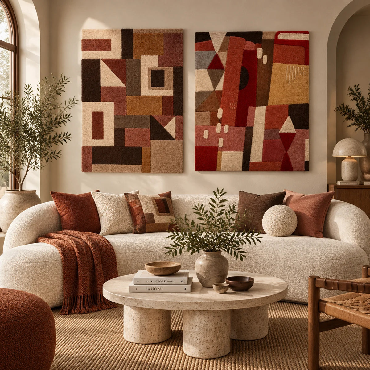 Cinnamon Patchwork Architecture × The Red Patchwork Study paired wool wall art in a styled room — Cinnamon Patchwork