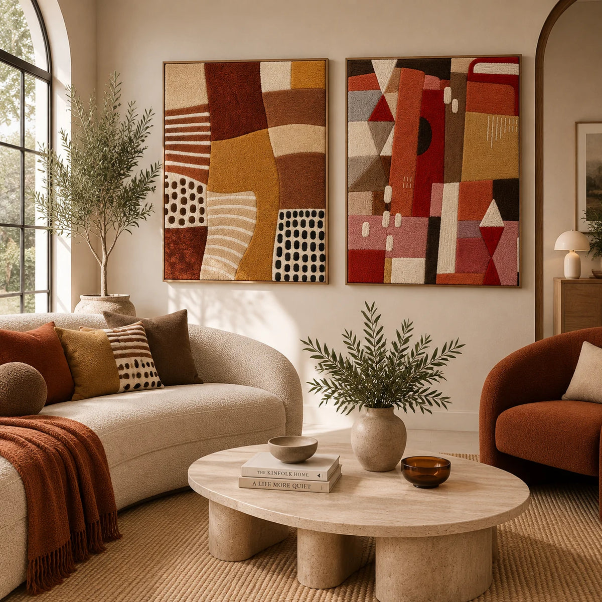 Ochre Patchwork Rhythm × The Red Patchwork Study paired wool wall art in a styled room — Ochre Patchwork