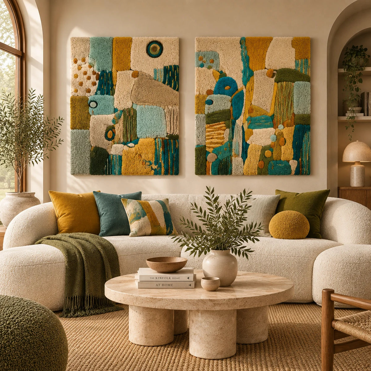 Mineral Tides × Verdant Block Meadow paired wool wall art in a styled room — Verdant Mosaic