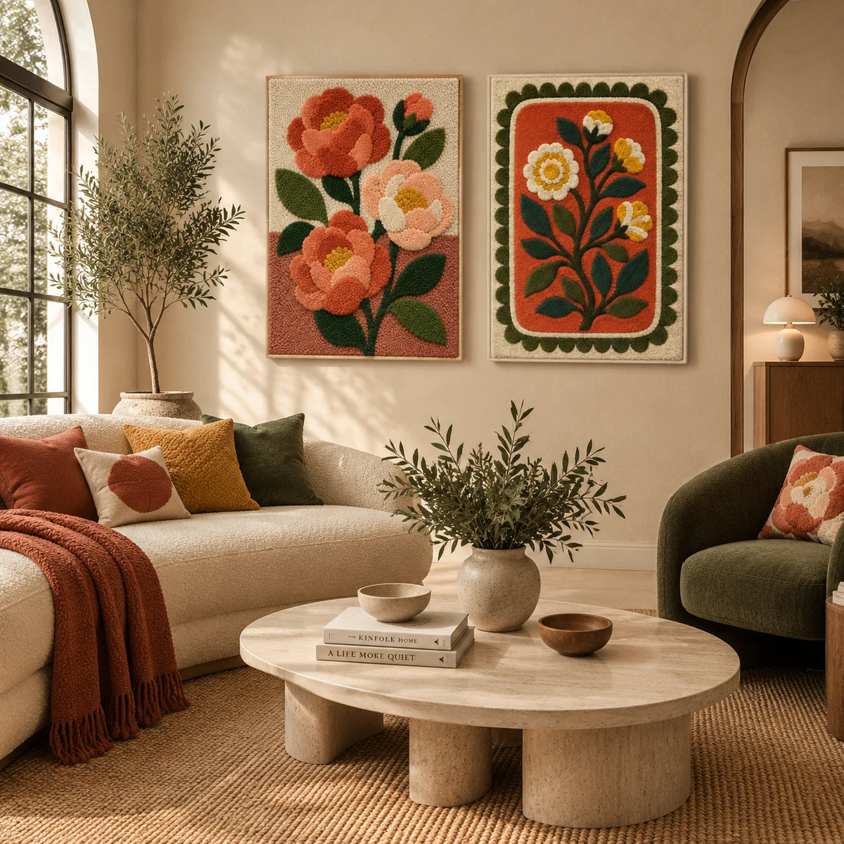 Coral Rose Stem × Marigold Garden Panel paired wool wall art in a styled room — Coral Stems
