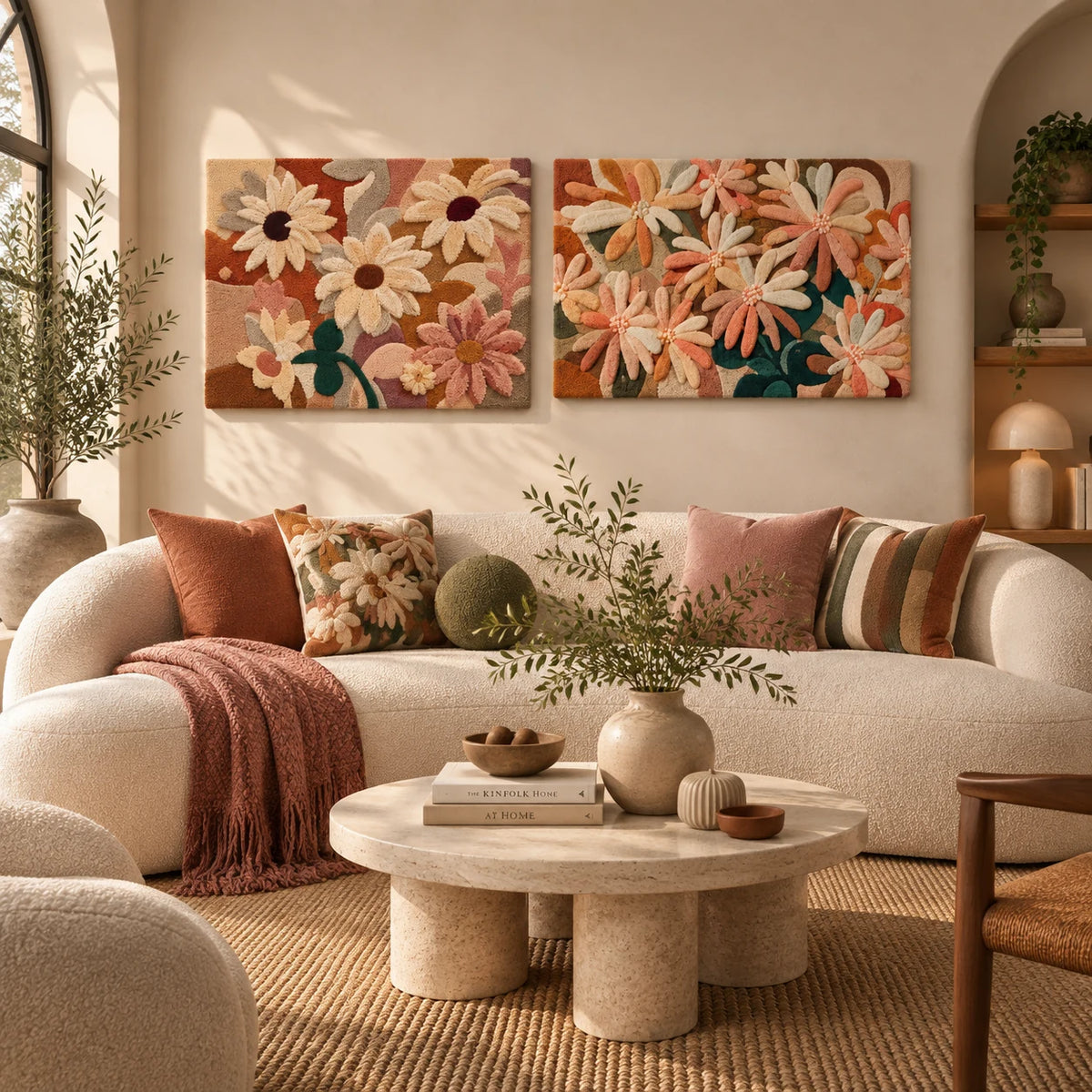 Daisy Field × Daisy Field paired wool wall art in a styled room — Peach Daisy Fields