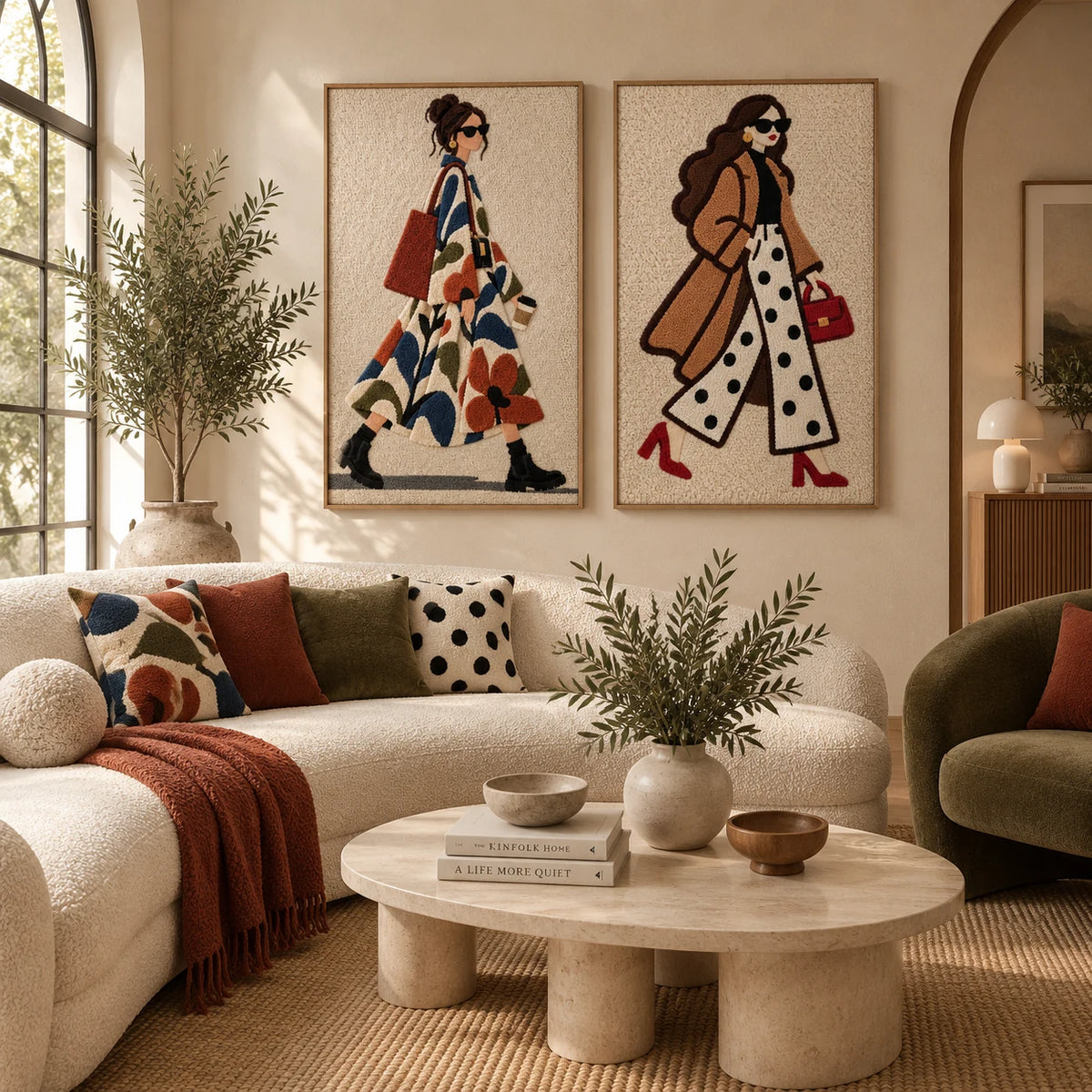 The Floral Coat Stroll × The Scarlet Handbag paired wool wall art in a styled room — Market Day Stroll
